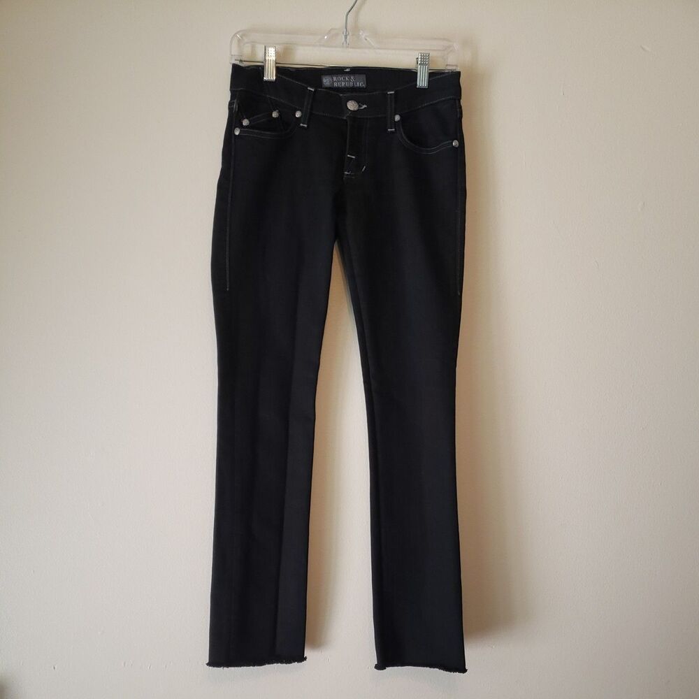 Rock & Republic Womens Low Rise Straight Stretch Black Jeans -Size 25- Raw Hem